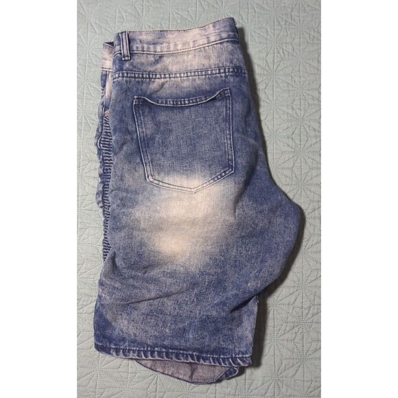 Lion Dynasty Mens 38 Slim Acid Wash Blue Jean Shorts 5 Pockets Moto Biker Ribbed - Picture 6 of 10
